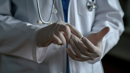 Close-up view of person wearing lab coat and gloves. This image can be used to depict scientific research, laboratory work, or medical professions.の素材