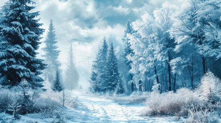 Picturesque snowy path winding through tranquil forest. Perfect for winter-themed designs and nature enthusiasts.の素材