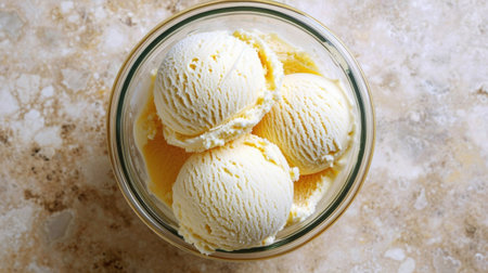 Vanilla ice cream served in glass bowl with three scoops. Perfect for dessert or summer treat.の素材