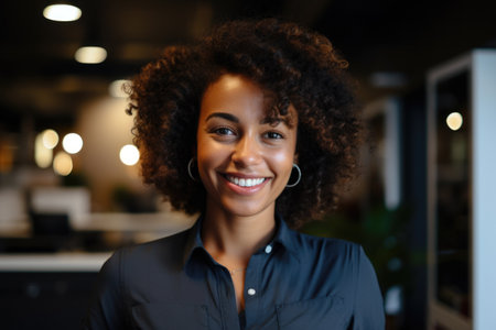 Woman with curly hair smiling at camera. Perfect for lifestyle and beauty concepts.の素材