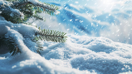 Close-up view of pine tree covered in glistening snow. Perfect for winter-themed designs and holiday promotions.の素材