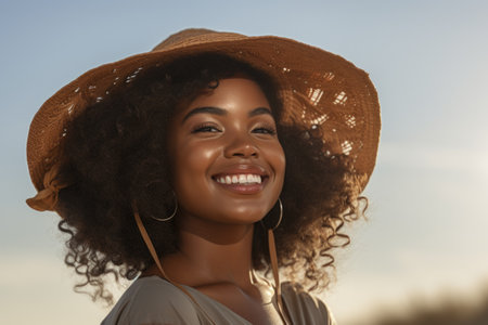 Woman wearing hat and smiling for camera. Suitable for various uses.の素材