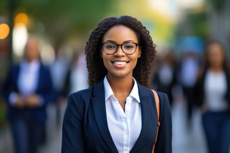 Professional woman wearing business suit and glasses smiles at camera. Ideal for corporate and professional concepts.の素材