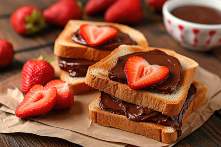 Two pieces of toast topped with chocolate and strawberries. Perfect for delicious and indulgent breakfast or dessert option.の素材
