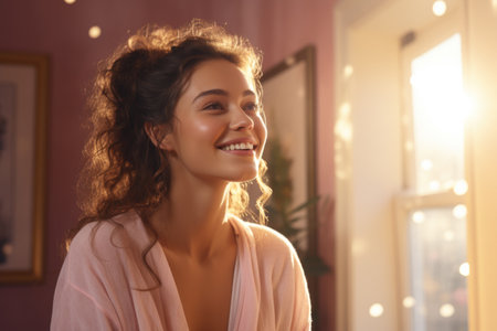 Woman wearing pink robe with joyful expression on her face. Perfect for lifestyle, wellness, and beauty-related projects.の素材