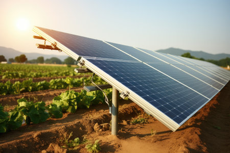 Photo of solar panel in field. Can be used to showcase renewable energy or as illustration for environmental articles.の素材