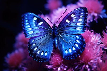 Beautiful blue butterfly perched on top of vibrant pink flowers. Perfect for nature enthusiasts and garden lovers.の素材