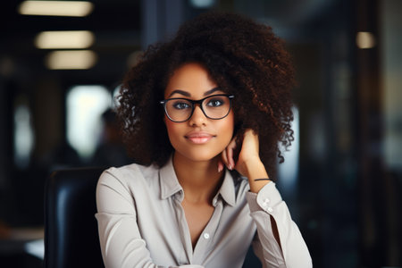 Woman with glasses sitting at table. Suitable for office or study-related themes.の素材
