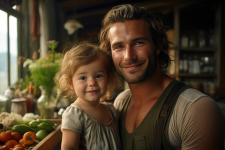 Man and little girl standing in kitchen. Suitable for family and cooking concepts.の素材
