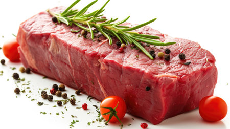 Piece of meat topped with sprig of rosemary. This image can be used to showcase delicious and flavorful dish.の素材