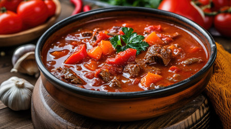 Delicious bowl of beef and vegetable soup placed on rustic wooden table. Perfect for food and cooking-related projects.の素材