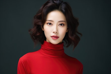 Woman wearing red turtle neck top. Versatile image suitable for fashion, lifestyle, or casual themes.の素材