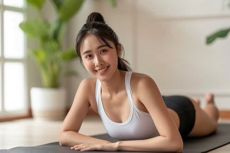 Woman laying on yoga mat with a smile on her face. Suitable for wellness and relaxation concepts.の素材