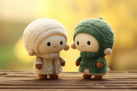 Two small dolls standing side by side. Ideal for use in miniature scenes or as collectible toys.の素材