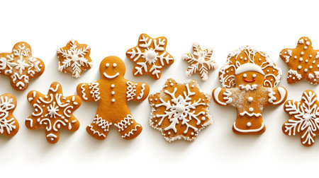 Group of gingerbreads arranged in row. Perfect for holiday baking projects.の素材