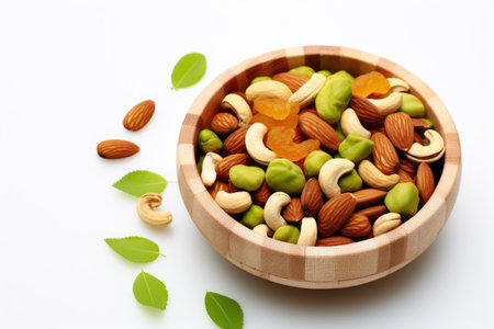 Wooden bowl filled with variety of nuts and green leaves. This image can be used to depict healthy snacks, natural ingredients, or rustic table setting.の素材