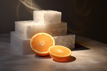 Pile of ice cubes sitting next to orange. Perfect for refreshing summer-themed designs and beverage-related projects.の素材