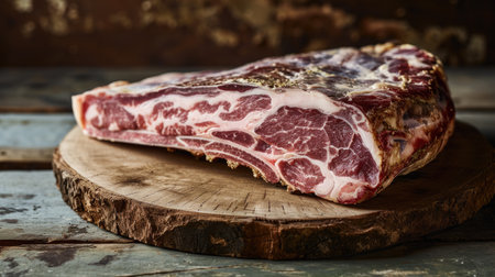 Piece of meat sitting on top of wooden cutting board. Ideal for food-related projects or recipes.の素材