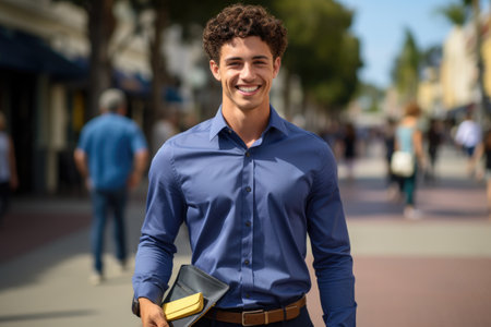 Man in blue shirt holding wallet. Suitable for finance, money, and security concepts.の素材
