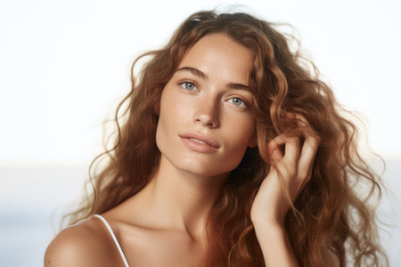 Stunning young woman with flowing red hair. Perfect for beauty or fashion related projects.の素材