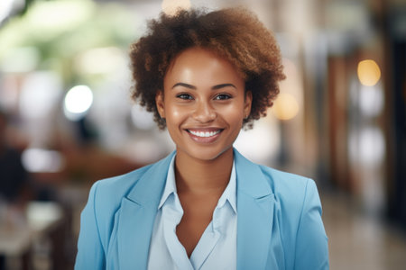 Woman wearing blue blazer smiles at camera. This picture can be used for professional and corporate contexts.の素材