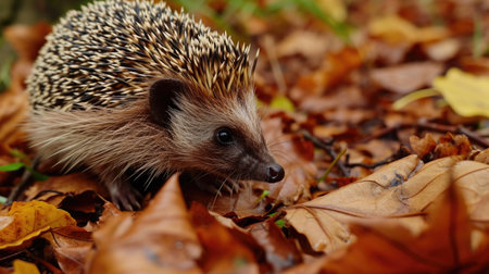 Small hedgehog is seen walking through a pile of autumn leaves. This image can be used to depict beauty of fall or to convey concept of exploring nature.の素材