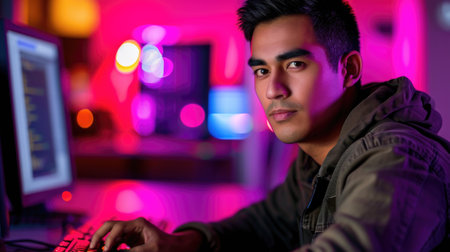 Man sitting in front of computer keyboard. Suitable for technology-related projects.の素材