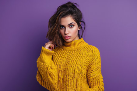 Woman wearing yellow sweater poses for picture. This versatile image can be used for various projects.の素材