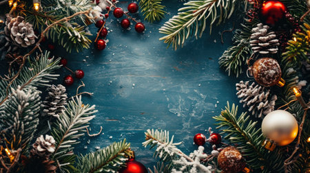 Festive Christmas wreath adorned with pine cones, balls, and other decorative elements. Perfect for adding touch of holiday spirit to any space.の素材