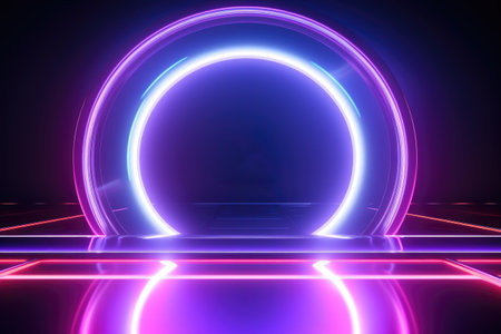 Neon circle glowing in center of dimly lit room. Perfect for adding modern and futuristic touch to any design project.の素材