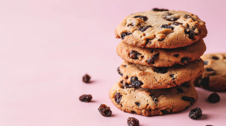 Stack of delicious chocolate chip cookies on vibrant pink surface. Perfect for baking enthusiasts or food-related projects.の素材