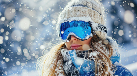 Woman wearing hat and goggles in snow. Perfect for winter sports and outdoor activities.の素材
