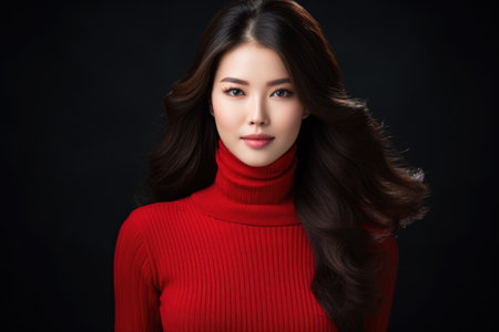 Woman wearing red turtle neck sweater. Versatile and stylish for various occasions.の素材