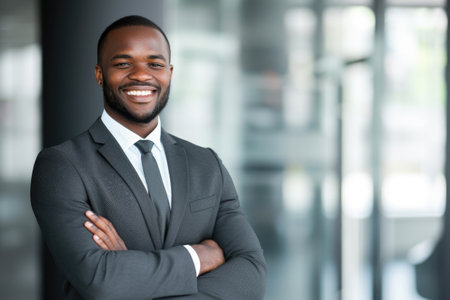 Professional man wearing suit and tie stands confidently with his arms crossed. This image can be used to portray confidence, professionalism, and leadership.の素材