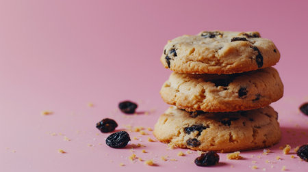 Stack of delicious raisin cookies on vibrant pink surface. Perfect for food blogs, baking recipes, or sweet treat advertisements.の素材