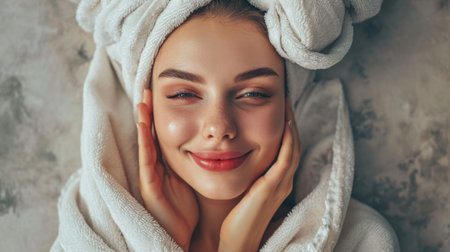 Woman with towel wrapped around her head. Can be used to depict relaxation, spa treatments, or post-shower routines.の素材
