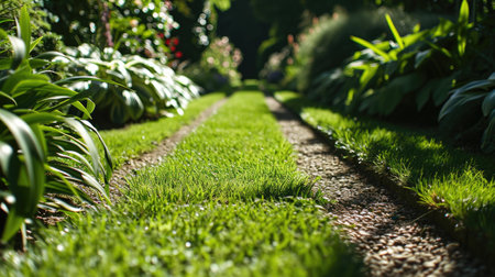 Picturesque path surrounded by vibrant greenery. Ideal for garden design inspiration.の素材