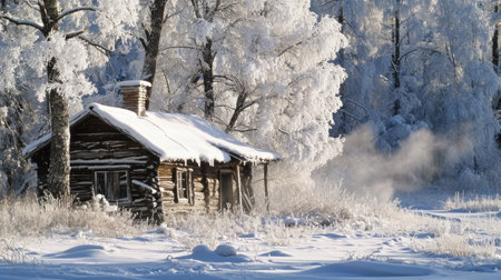 Cabin nestled in the middle of snow covered forest. Perfect for winter getaway or cozy holiday retreat.の素材