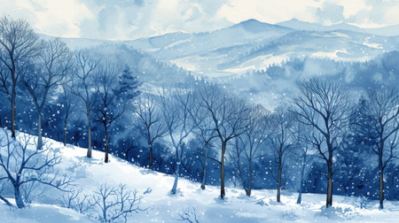 Beautiful painting depicting snowy mountain scene with tall, majestic trees. Perfect for winter-themed projects and nature-inspired designs.の素材