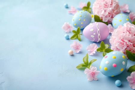 Bunch of blue and pink decorated Easter eggs.の素材