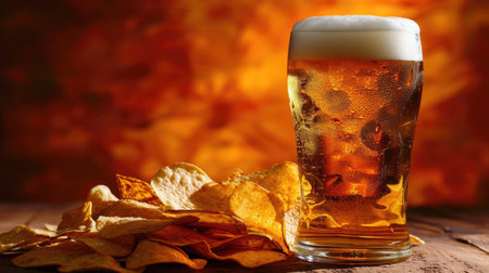 Glass of beer and some chips on table.の素材