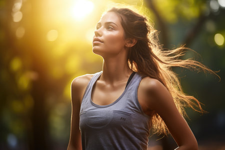 Woman in tank top gazing upwards towards the sun. Perfect for summer themes and outdoor activities.の素材