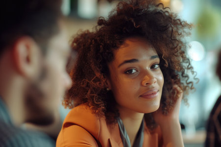 Woman with curly hair is smiling at camera. She is wearing jacket and scarfの素材