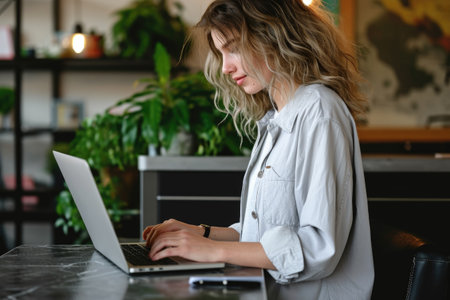 A woman is sitting at a table with a laptop in front of her. She is typing on the laptop and she is focused on her work. The room has a potted plant and a vaseの素材