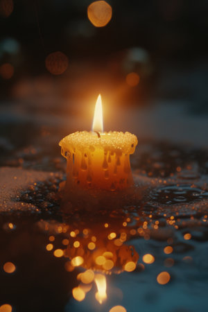A candle is lit in a snow-covered area. The candle is surrounded by a pool of water and the reflection of the candle is visible in the water. The scene is serene and peacefulの素材