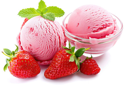 Bowl of pink ice cream with strawberries and mint leaves. Bowl is on white backgroundの素材