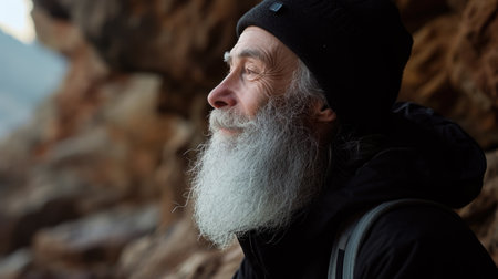 Man with beard and black hat is looking at camera. He is smilingの素材