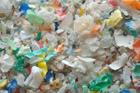 Pile of trash with many different colors. Colors are mostly white and blue. Pile is made up of plastic and other debrisの素材