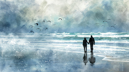 A couple is walking on the beach, with a large flock of birds flying in the background. The scene is serene and peaceful, with the couple enjoying each other's company and the beauty of the oceanの素材