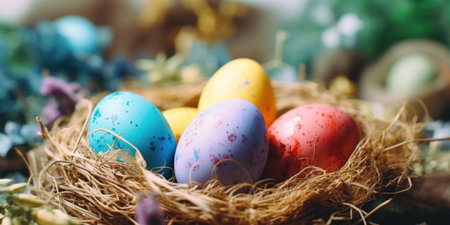 Nest of eggs with variety of colors, including yellow, blue, and red. Nest is placed on surface with flowers and other decorations. Concept of warmth and comfortの素材
